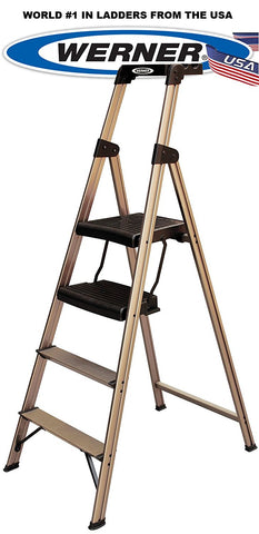 Werner USA Dual Platform Household Aluminium Step ladder 4 Steps - Special Edition Champagne color - Folding - XL Tool Tray -Extra Wide Double ABS Platform - Aerospace grade Ultra Light Weight - Extra Heavy Duty - 234T-3CN - World #1 in ladders