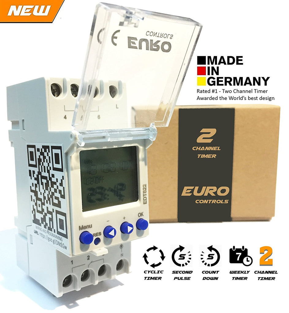 Euro Din Type - 2 CHANNEL - Digital Timer Controller Switch - EDT822 - Programmable for Daily/ Weekly/ Cyclic/ Pulse/ Holiday/ Random Modes -DIN Rail Mounting-Two relays to control two outputs individually -PIN code lock