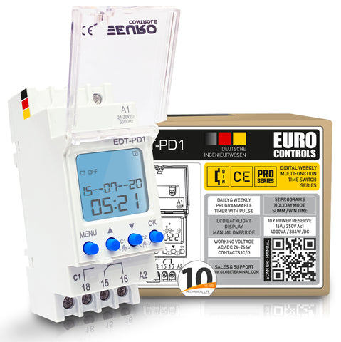 Euro EDT-PD1 German Digital Programmable Timer - 24 to 265 V AC / DC - LCD Backlit - 50 Programs Daily/Weekly/Pulse/Holiday modes - Battery Reserve - Reliable & Accurate