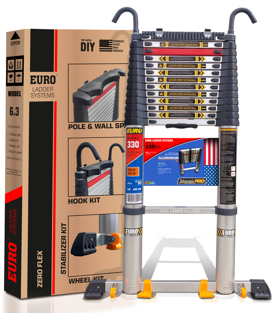 Euro Prox Telescopic Aluminium Ladder 6.3 Meter (21 Feet) Made in USA - Stores At 3.8 Feet - New Rubber Pole Clamp & Tie - Detachable Hooks - Zero Flex Technology ( Rock Solid ) - Red Que Safe step - Stabilizer , Anti Skid feet & Wheel kit