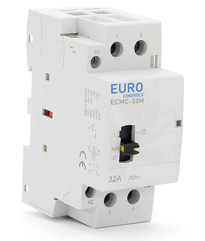 EURO CONTROLS Din Type 32 Amps 2 Pole Modular Power Contactor 220 Volt AC with Manual Override - Low Switching Noise - 2 Pole Mcb size