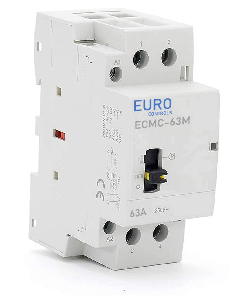 EURO CONTROLS Din Type 63 Amps 2 Pole Modular Power Contactor 220 Volt AC with Manual Override - Low Switching Noise - 2 Pole Mcb size