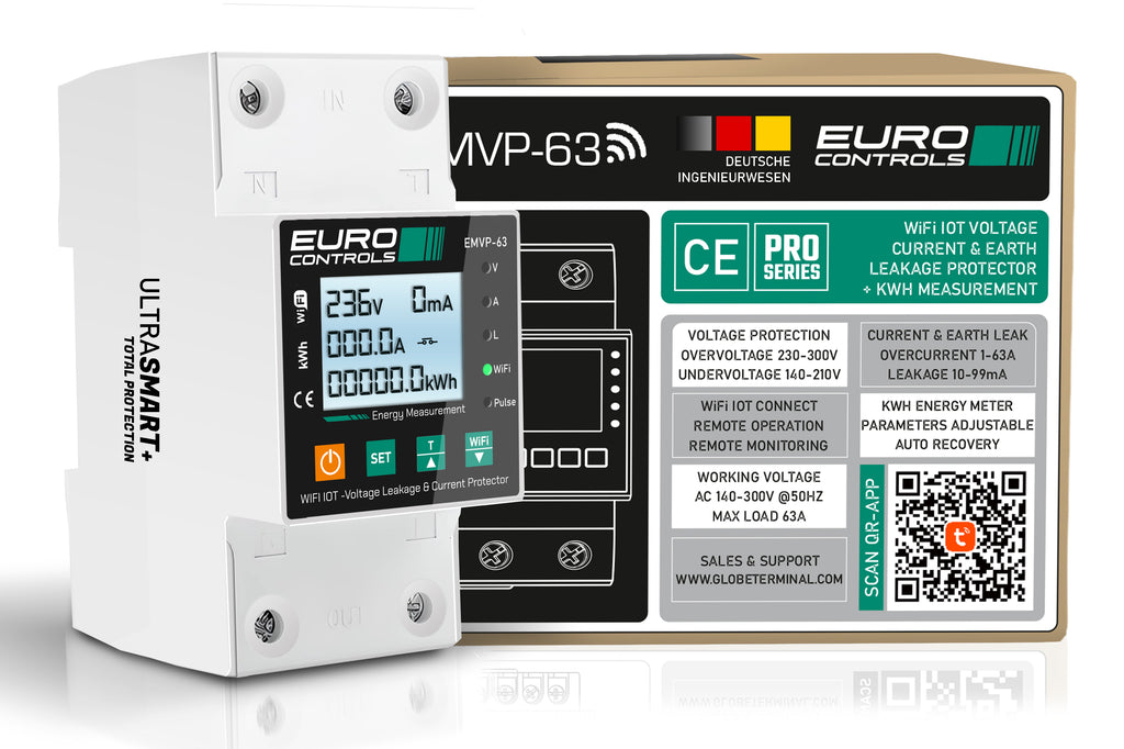 Euro EMVP-63A WiFi IOT 4 in 1 Voltage Current & Earth Leakage Protector with KwH App Based Energy Monitoring - Time Scheduling & Remote Control