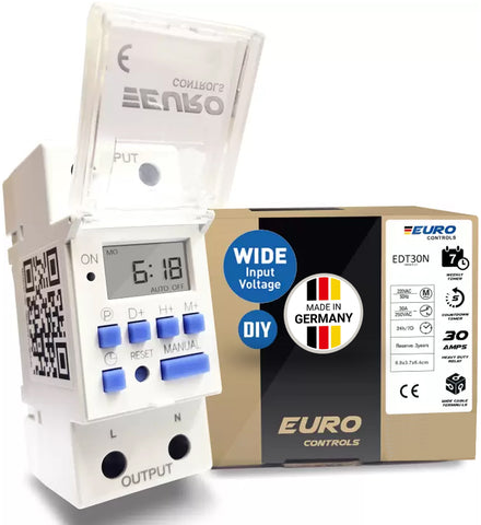 Euro EDT30N Din Type Digital Timer Made in Germany - 30 Amps - 20 ON / OFF Program for Daily/Weekly & Countdown operations - DIN Rail Mounting