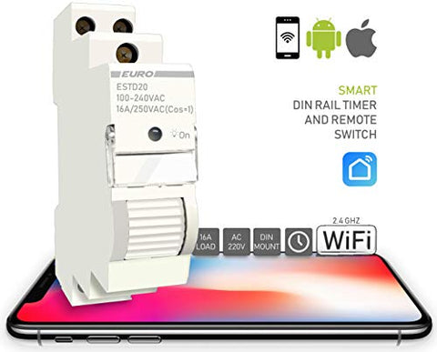 EuroControls Smart WIFI ioT Time Switch 16 Amps -App Based -Built in Memory -Smartphone Control -Retrofit Din Mount -Voice Control -Weekly/Countdown/Smart Trigger Programming