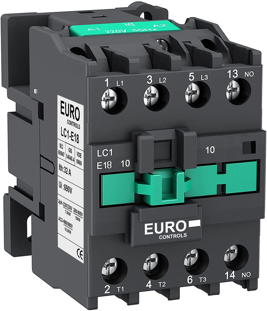EuroControls Euro Controls Power Contactor LC1E Series - Volts 220 AC - 3 Pole - Copper coil heavy duty Mechanical Contactor with silver alloy Wire Connector (18 Amps 3pole)