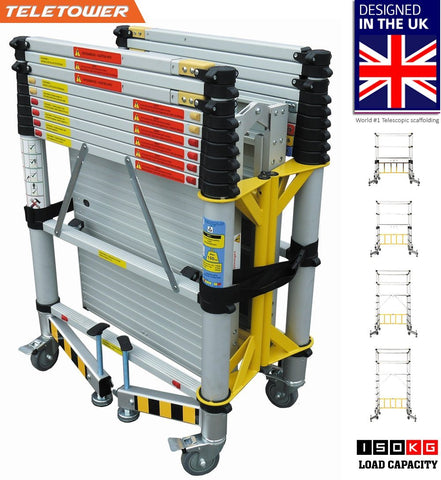 Euro Teletower Telescopic ladder scaffolding 3.2m - Built in Lockable wheels - Stabilizer - Height leveler - Platform with Trap door Worlds most compact scaffolding - Light & Portable