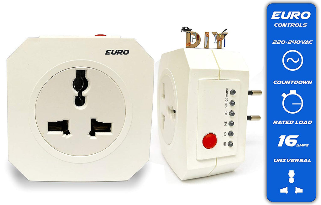 Euro Controls Socket Type Auto Power Cut off Countdown Timer Switch 16A 220v - EDTS - 6 Preset Time options & Multiple Time addition functions - Universal Socket - Plug & Play
