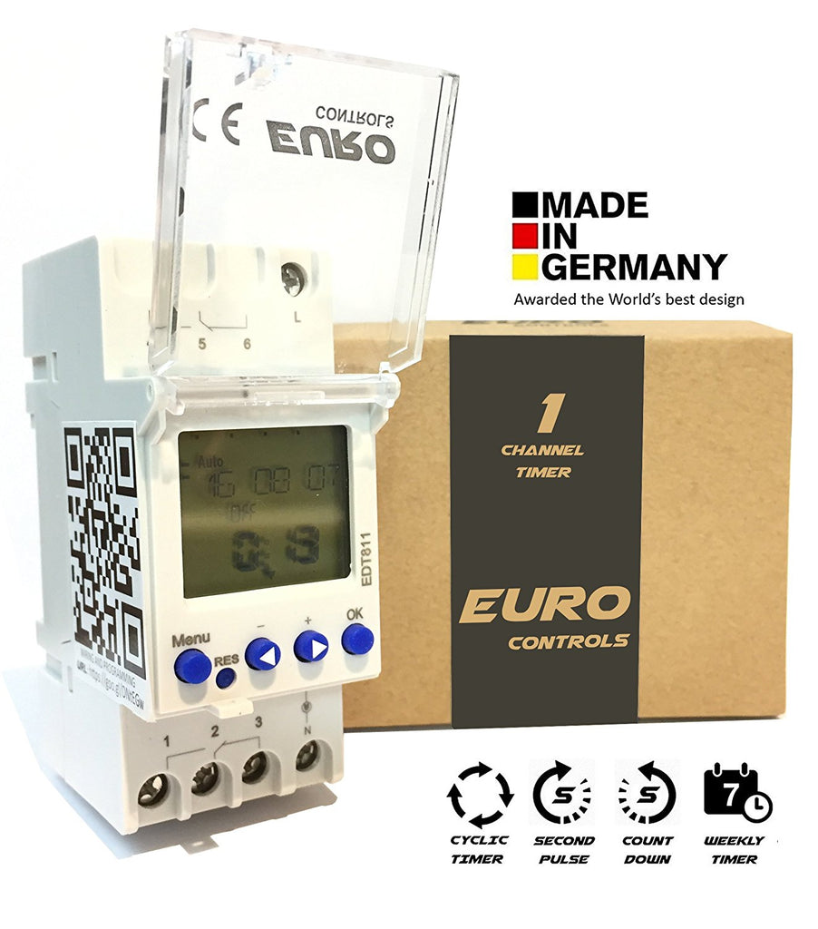 Euro Controls Din Type - 1 CHANNEL - Digital Timer Controller Switch - EDT811 - Programmable for Daily/ Weekly/ Cyclic/ Pulse/ Holiday/ Random Modes-DIN Rail Mounting- Heavy duty relay- PIN code lock