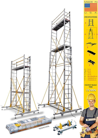 Euro Skymaster Scaffolding ladder 14 ft to 22ft - Made in USA - Ultra Portable - Reach 28 ft - Blaze fit in 15 mins - lockable wheels - height adjustable by just the pull of rope - worlds most portable & compact scaffold system