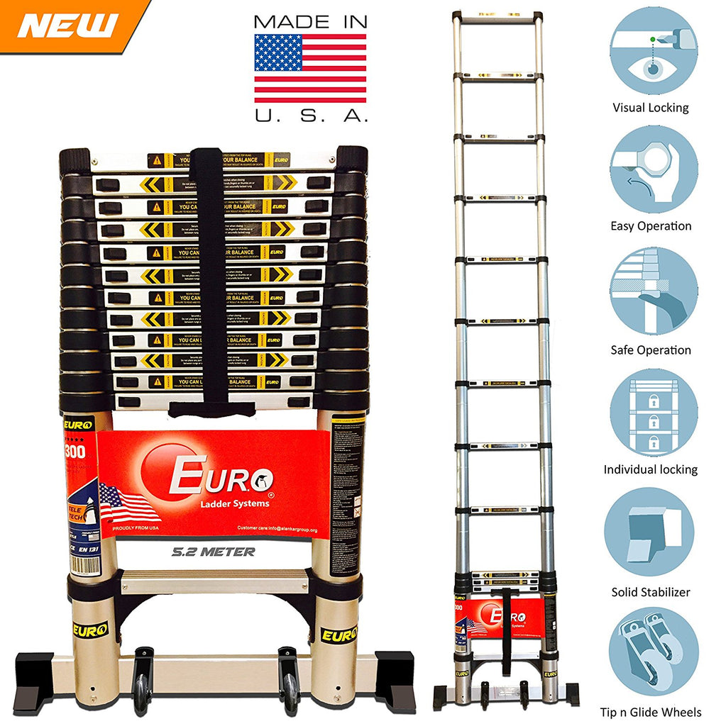 Amazon import - Euro Telescopic Aluminium ladder 5 meter (17 feet) - Stores at 3.5 feet - New Tip N Glide Wheels & Ultra Stabilizer - Portable - Soft close