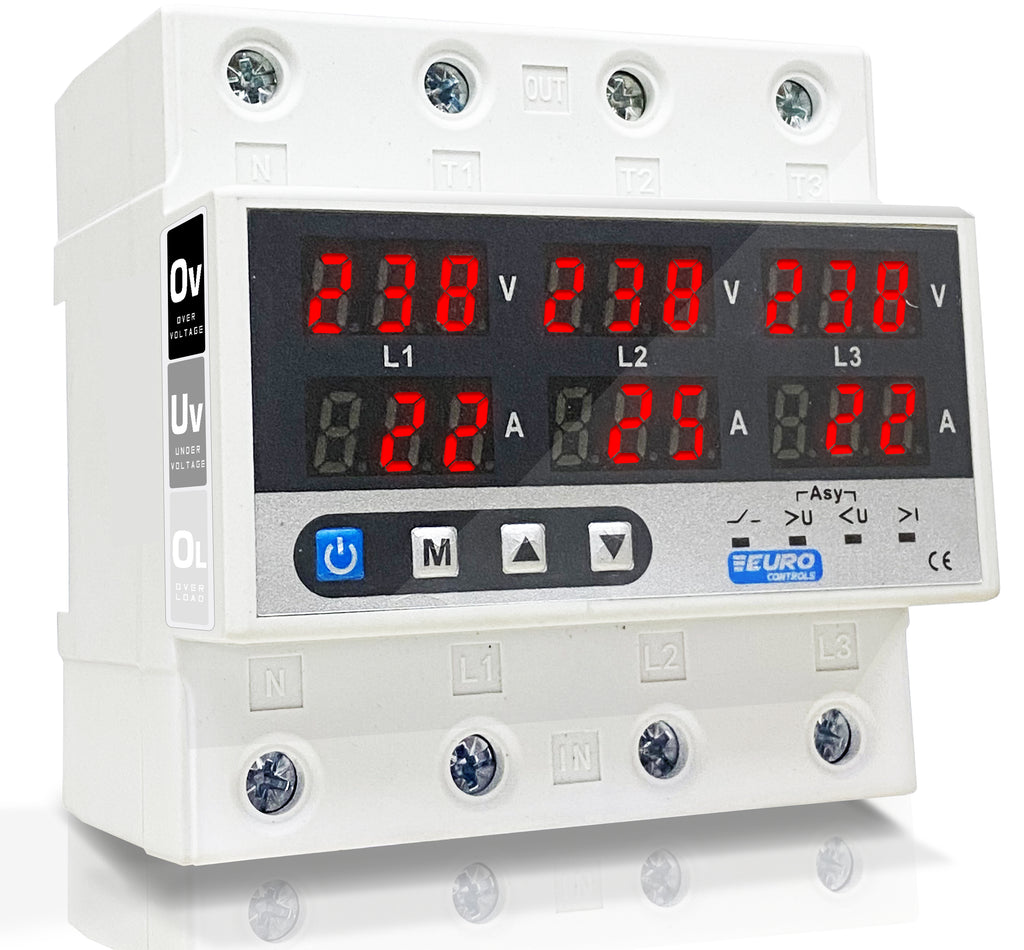 Euro ECO-3PH Three Phase Voltage Protector - German Excellence 220V - 63A- Automatic Adjustable Over/Under Voltage/Over Current / Voltage Asymmetry / Phase Sequence & Failure  Protector with Auto Recovery Switch - Voltage & Amp Meter - Din Mount