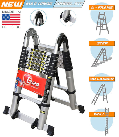 Euro Double Telescopic Aluminium ladder 5.6M (17.6 feet) - Stores at 3.5 feet - A Frame 8.4 feet - Wall Support 17.6 feet - New Tip n Glide Wheel kit , Mag Hinge & Dual Ultra Stabilizer - Ultra portable