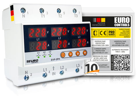 Euro EVP3PH Three Phase Voltage Protector - German Excellence 220V - 63A- Automatic Adjustable Over/Under Voltage/Over Current / Voltage Asymmetry / Phase Sequence & Failure  Protector with Auto Recovery Switch - Voltage & Amp Meter - Din Mount