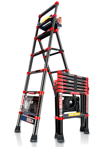 Euro Compacto Telescopic step ladder 5 feet - Stores at 2.4 ft - Ultra Portable - Tool Tray - 10x Stronger Zero Flex technology – Black Anodised Aluminium - Anti Skid Rubber Feet Aluminium Ladder  (Hand Rail, Tool Tray)