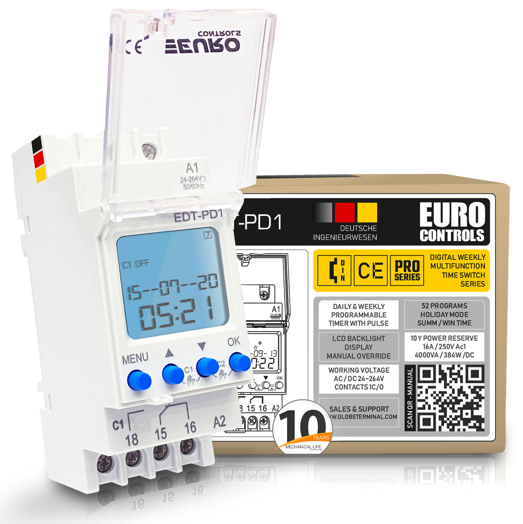 Euro Controls EDT-PD2 German - 2 Independent Channel Timer - 24 to 265 V AC / DC - LCD Backlit - 80 Programs Daily/Weekly/Pulse/Holiday modes - Battery Reserve - interval 1 second Worlds best digital Programmable Electronic Timer Switch