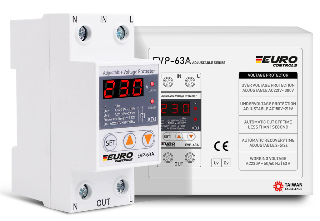 Euro EVP63A Automatic Adjustable over and Under Voltage Protector/Meter with Auto Recovery Switch Din Rail Single Phase 63Amps 220V  Taiwanese Excellence