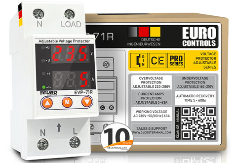 Euro EVP71R German Excellence Automatic Adjustable Over/Under Voltage/Over Current Protector with Auto Recovery Switch - Voltage & Amp Meter - Din Rail Mount - Single Phase - 100 to 400 Volt