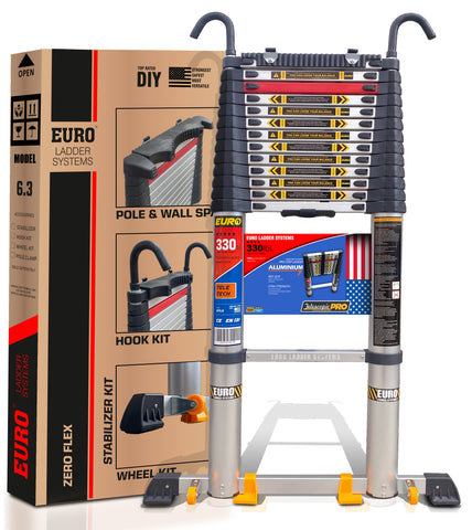 Euro Prox Telescopic Aluminium Ladder 6.3 Meter (21 Feet)  Made in USA - Stores At 3.8 Feet - New Rubber Pole Clamp & Tie  - Detachable Hooks - Zero Flex Technology ( Rock Solid ) - Red Que Safe step  - Stabilizer , Anti Skid feet & Wheel kit