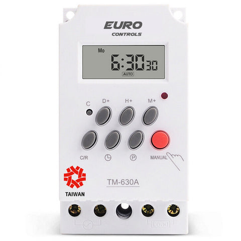 Euro Controls TM630A - 30 Amps - DIY - 2 IN 2 OUT - Heavy Duty - Made in Taiwan - AC 250 Volt - High Quality Digital Programmable Timer - 18 Programs - Rechargeable battery