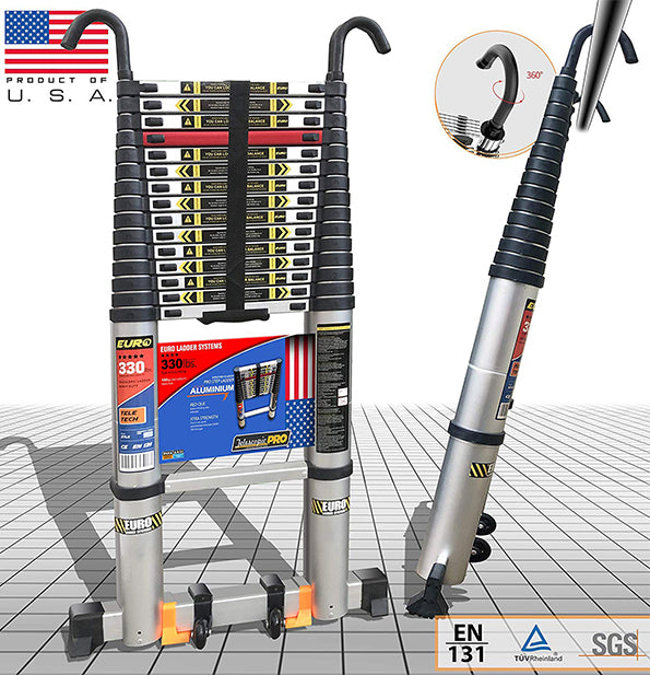 Euro Pro Telescopic Aluminium Ladder 6.3 Meter (21 Feet)  Made in USA - Stores At 3.8 Feet - New Detachable Hooks - Zero Flex Technology ( Rock Solid ) - Red Que Safe step  - Stabilizer , Anti Skid feet & Wheel kit