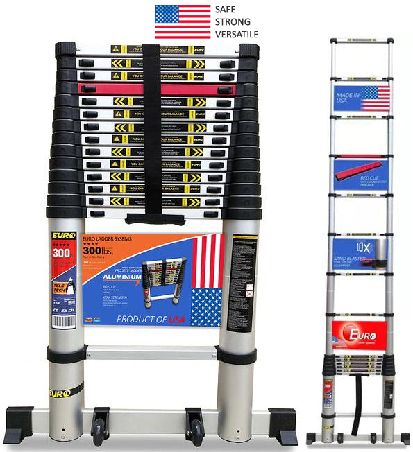 Euro Telescopic Aluminium Ladder 3.8 Mtr (13 Feet) Made in USA - Stores At 3 Feet - Aerospace Aluminium - Ultra Stabilizer - Tip N Glide wheel kit - Red Que step -Tele Tech- Portable - Soft Close