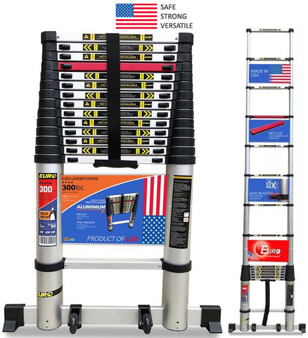 Euro Telescopic Aluminium Ladder 4.4 Mtr (15 Feet)  Made in USA - Stores At 3.2 Feet - Aerospace Aluminium - Ultra Stabilizer - Tip N Glide wheel kit - Red Que step -Tele Tech- Portable - Soft Close