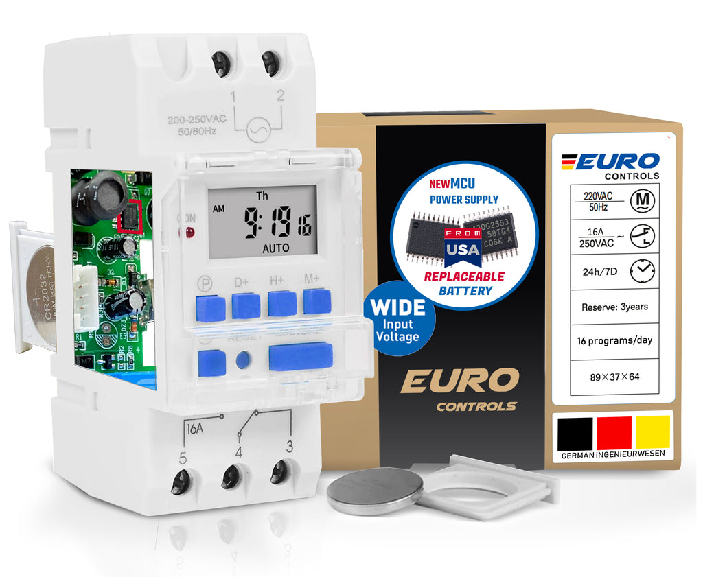 Euro EDT900 Din Type Digital Timer 200 to 250 volt German Excellence - 16 Amps - Replaceable battery - 16 ON / OFF Program for Daily/Weekly & Countdown operations - 1 C/O - DIN Rail Mounting