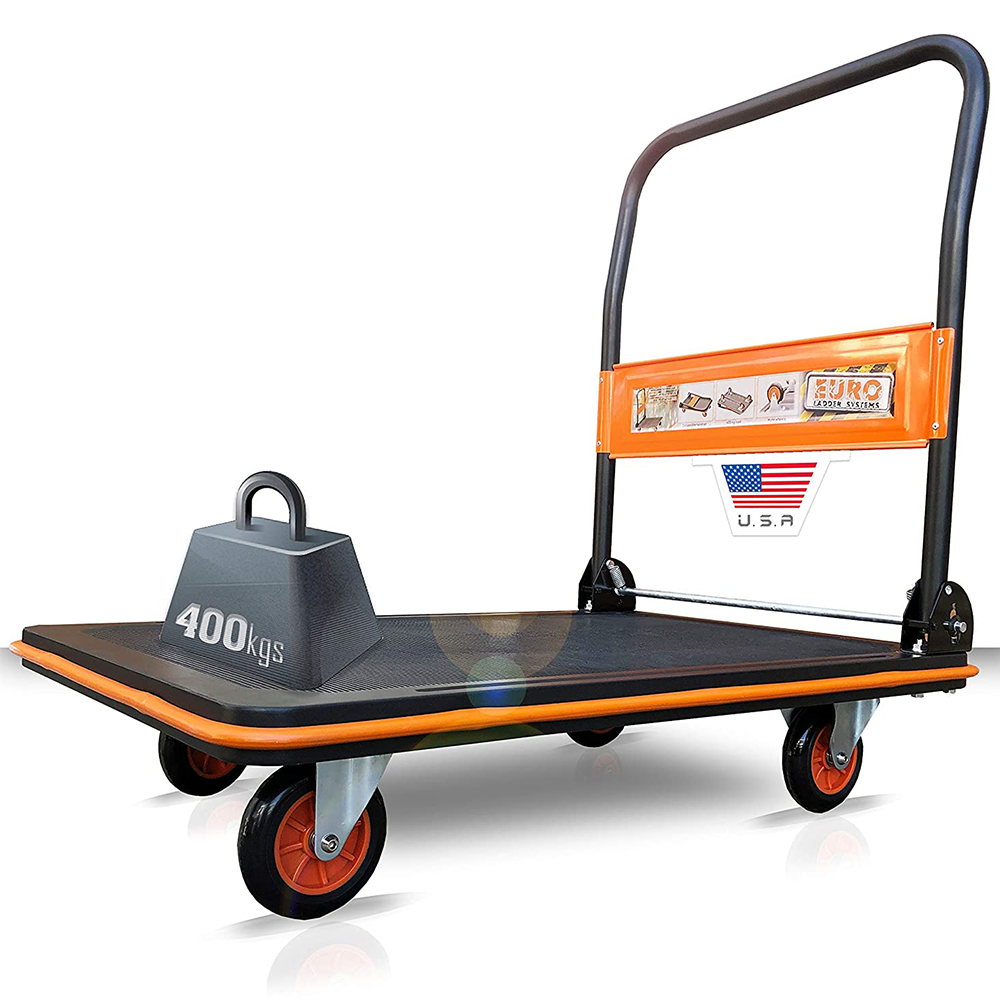 Euro USA Portable Trolley Carbon Steel M Series 3ft × 2ft - Heavy Duty 400kg rated - Made in USA - Collapsible Hand Rail - Durable Noiseless Sillicon Wheels - High Ground Clearance - Anti Skid Platform